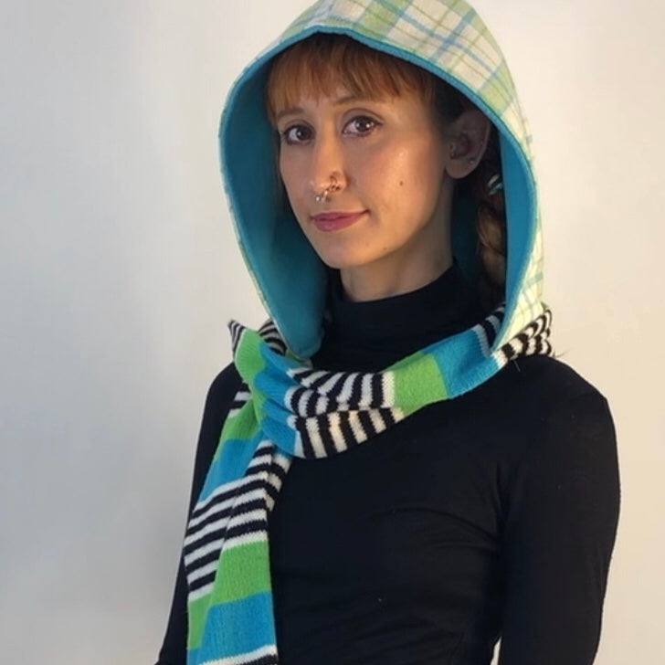 Green and White Plaid Hoodie Scarf with Blue Lining and Colorful Striped Scarf with Cat and Dog patches
