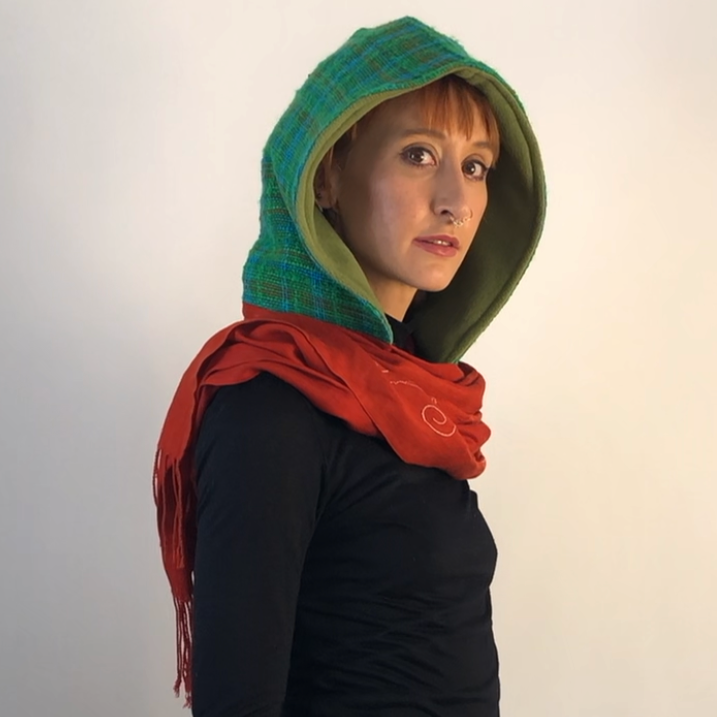 Green  Woven Hood with Sage Green Fleece Liner and Deep Orange Embroidered Scarf