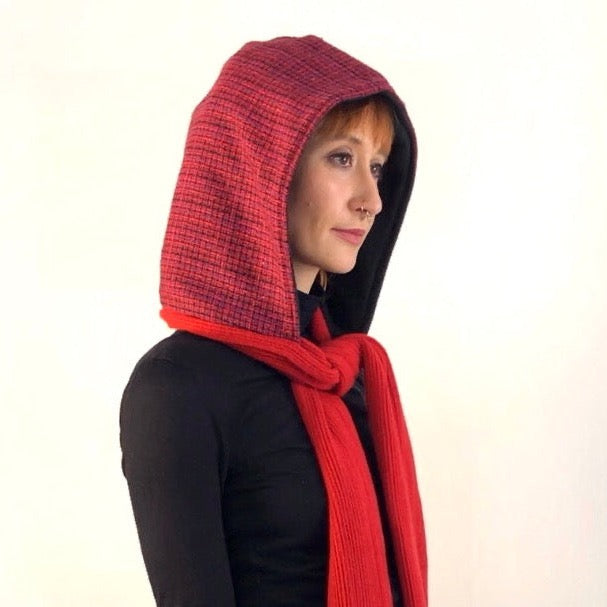 Red and Fuschia Hoodie Scarf With Black Lining and Warm Red  Knitted Standard Scarf