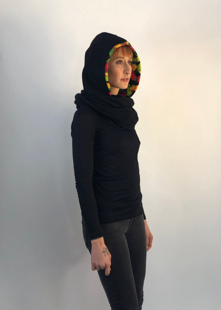 Black Wool Hood with Colorful Hot Pepper Fleece Liner and Black Casmere Circular Scarf