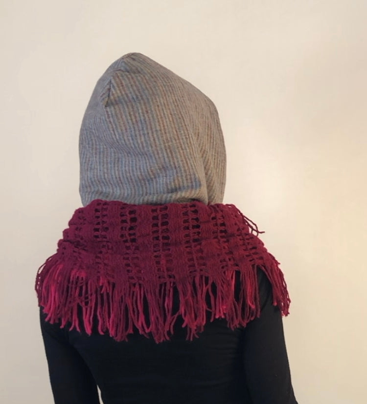 Grey Striped Wool Hoodie Scarf With Light Grey Fleece Lining and Pink and Maroon Circular Scarf