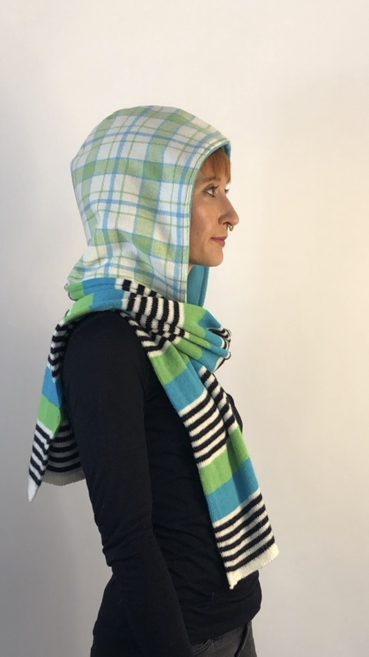 Green and White Plaid Hoodie Scarf with Blue Lining and Colorful Striped Scarf with Cat and Dog patches