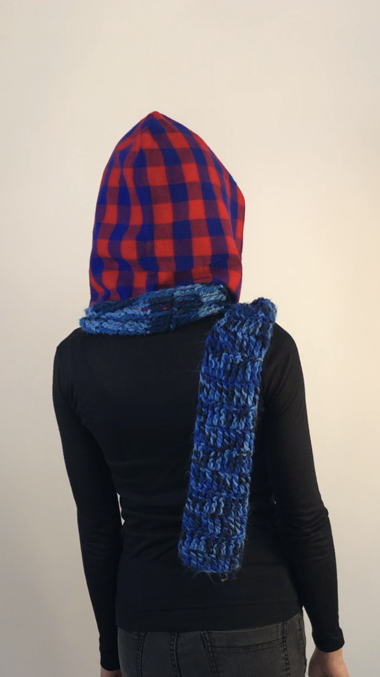 Blue and Red Plaid Hoodie Scarf with Grey Lining and Blue Knitted  Scarf