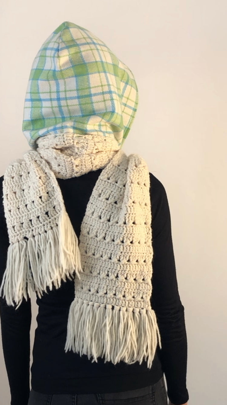Green and White Plaid Hoodie Scarf with Blue Lining and White Knitted Standard Scarf