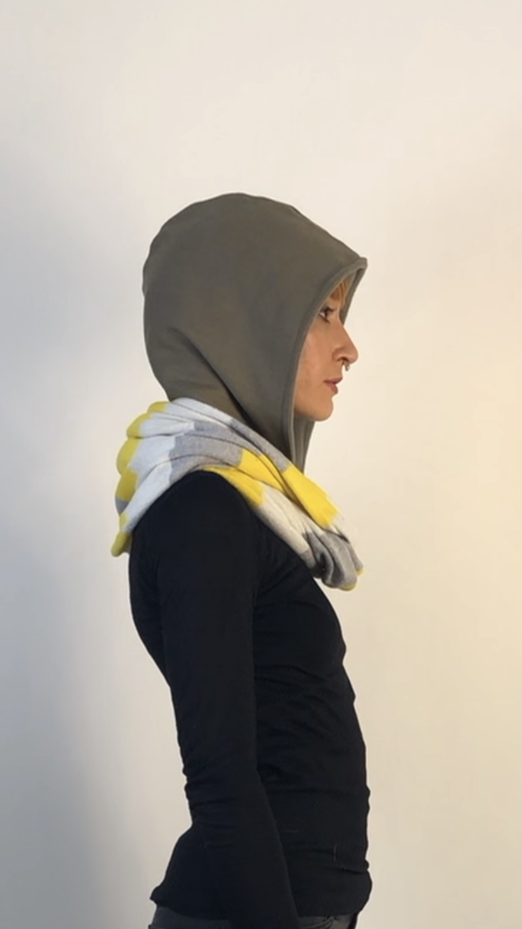 Tan Wool Hood with Grey Fleece Liner and Striped Silver White Sparkle and Yellow Circular scarf