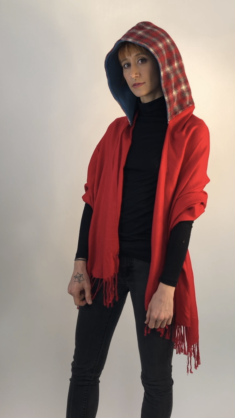 Red and Grey Plaid Woven Hood with Blue Fleece Liner and Red Tassels Scarf