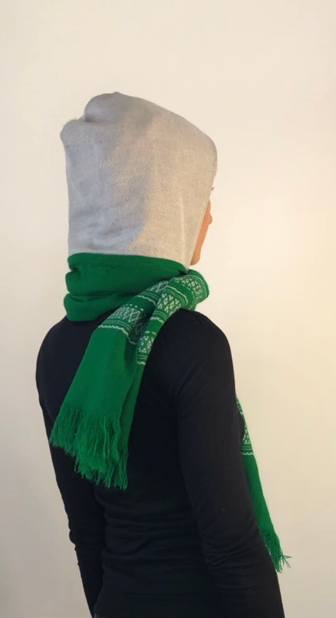 Creme Hoodie Scarf With White Lining and Green  Standard Scarf with Designs