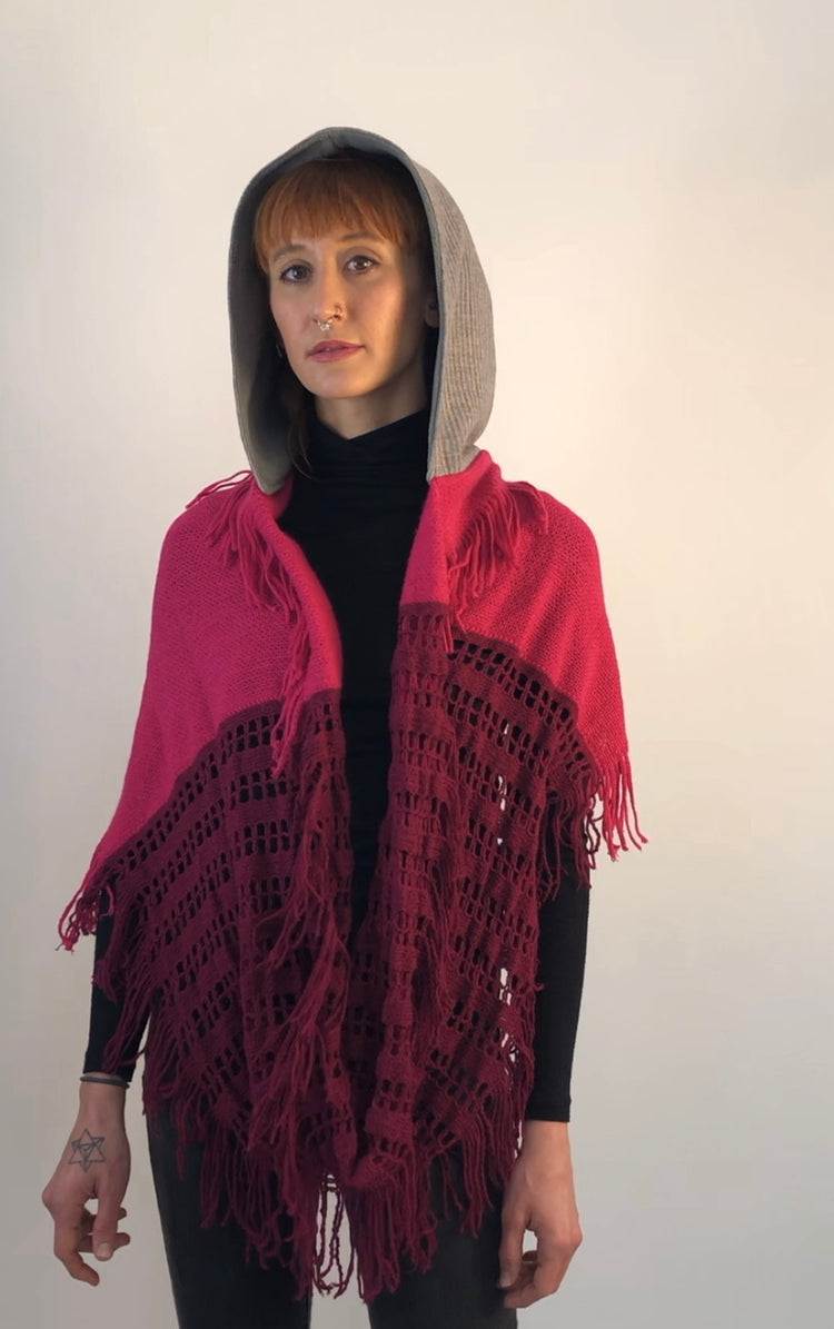 Grey Striped Wool Hoodie Scarf With Light Grey Fleece Lining and Pink and Maroon Circular Scarf