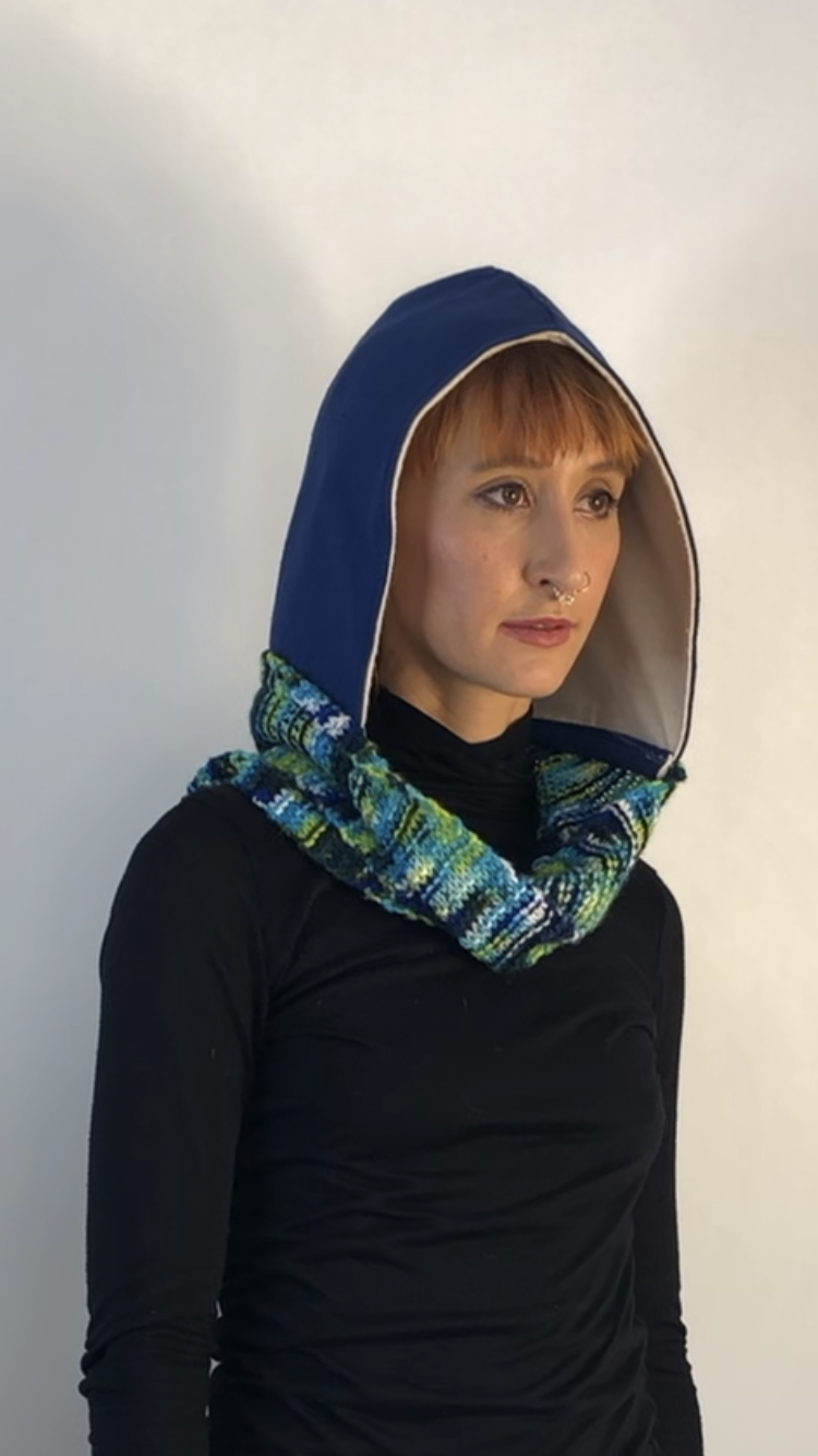 Blue Hoodie Scarf With White Lining and Green, Blue, and Black Knitted Standard Scarf