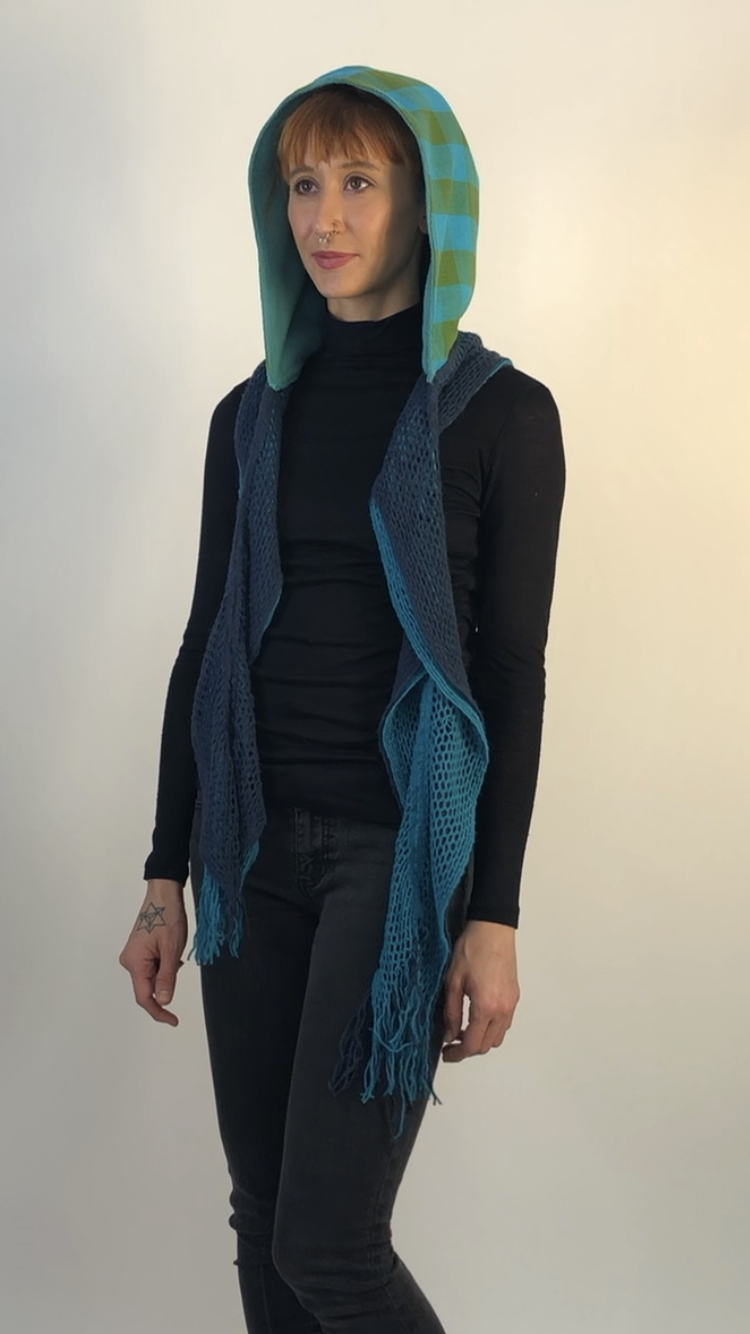Vintage Green and Turquoise Woven Hood with Light Turquoise Fleece Liner and Open Knit two tone Scarf