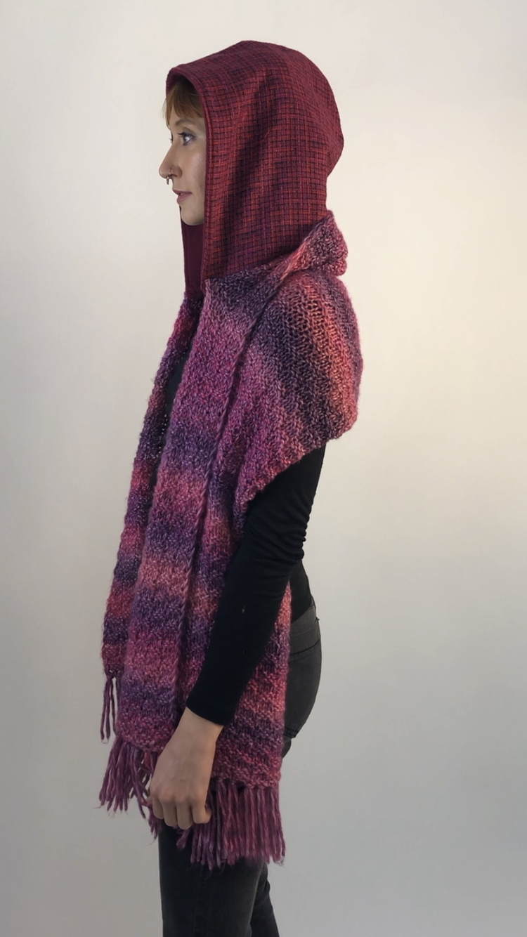 Red and Fuschia Hoodie Scarf With Maroon Lining and Warm Purple Hues  Knitted Standard Scarf