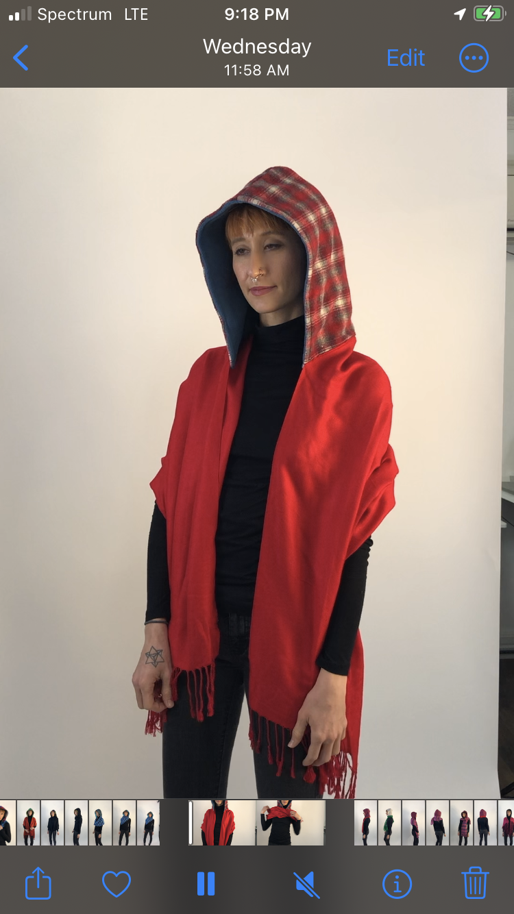 Red and Grey Plaid Woven Hood with Blue Fleece Liner and Red Tassels Scarf