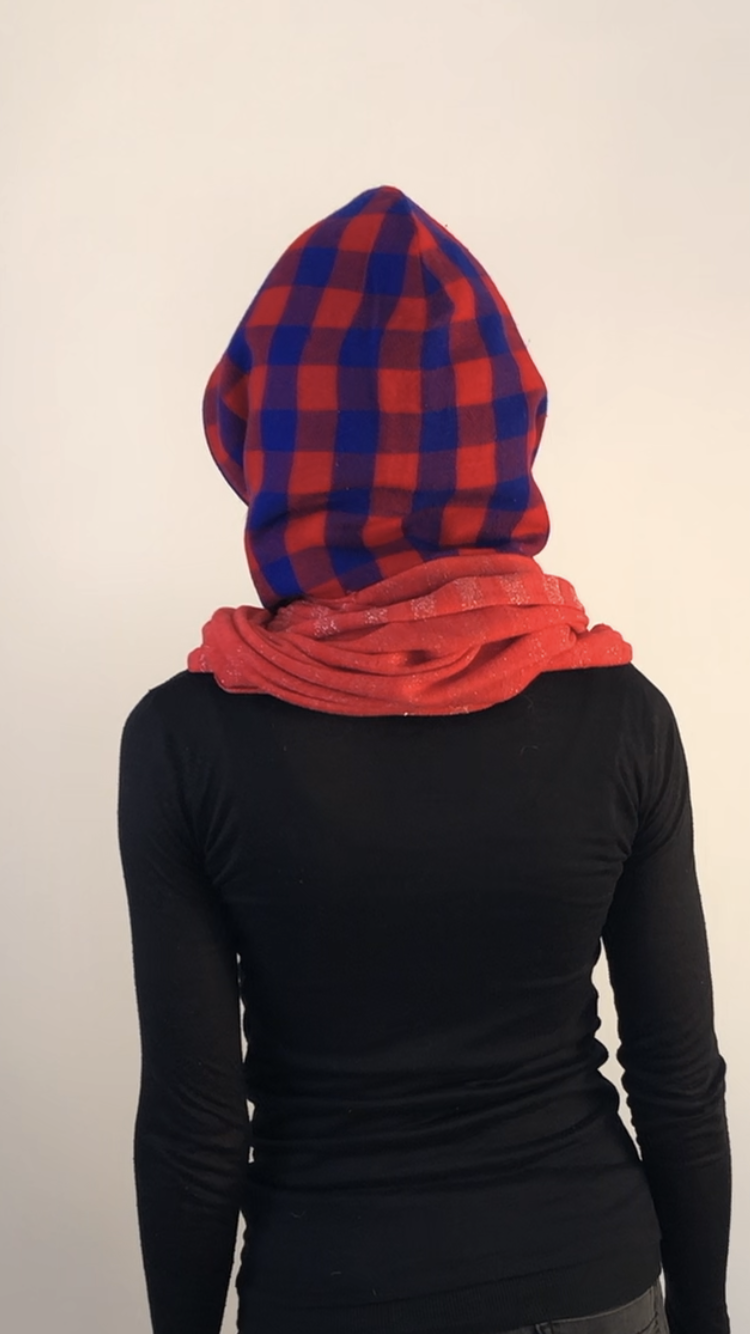 Blue and Red Checkered Hoodie Scarf with Black Lining and  Sparkley Striped Infinity Scarf