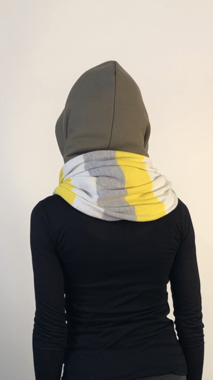 Tan Wool Hood with Grey Fleece Liner and Striped Silver White Sparkle and Yellow Circular scarf