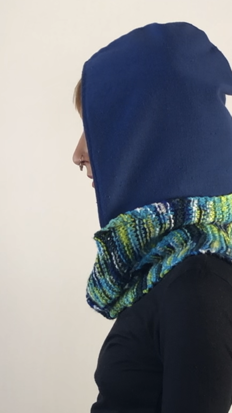 Blue Hoodie Scarf With White Lining and Green, Blue, and Black Knitted Standard Scarf