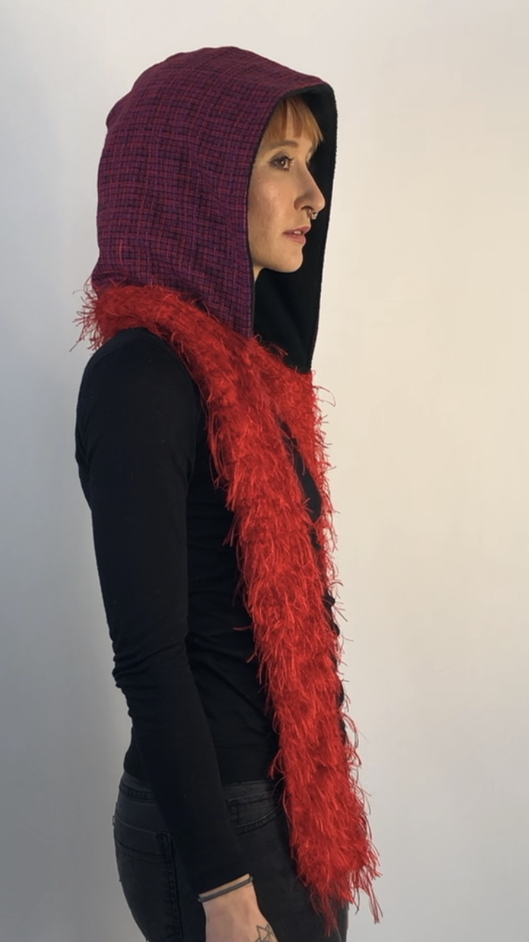 Red and Fuschia Hoodie Scarf With Black Fleece Lining and Red Textured Standard Scarf