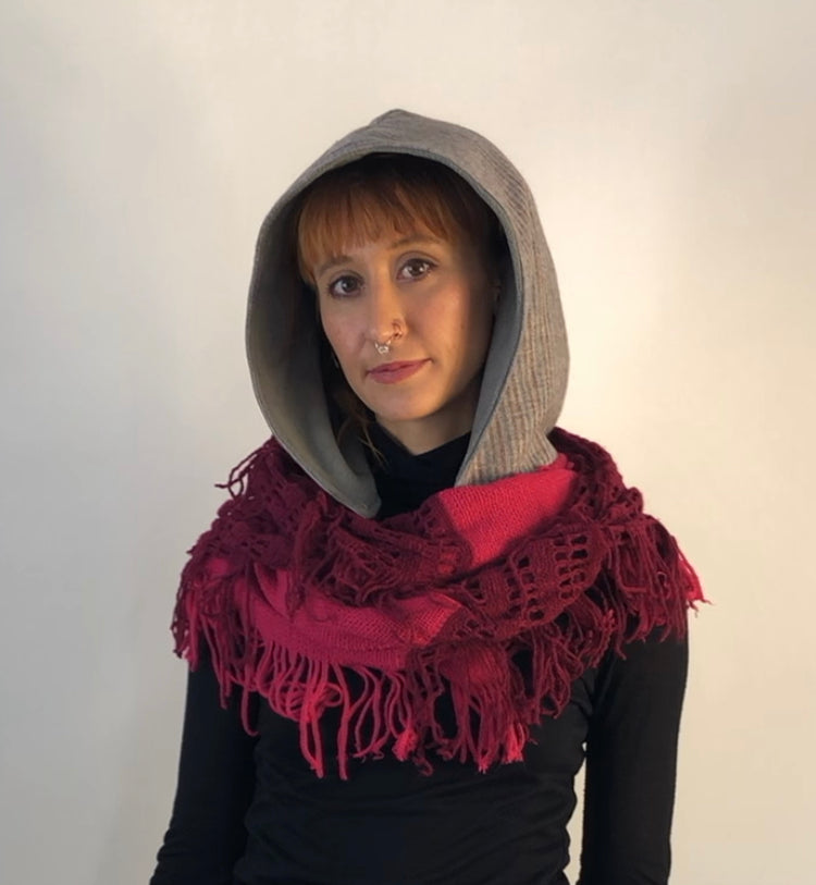 Hoodie Scarf Womens Fleece Scarf Grey Striped Wool Hoodie Scarf With Light Grey Fleece Lining And