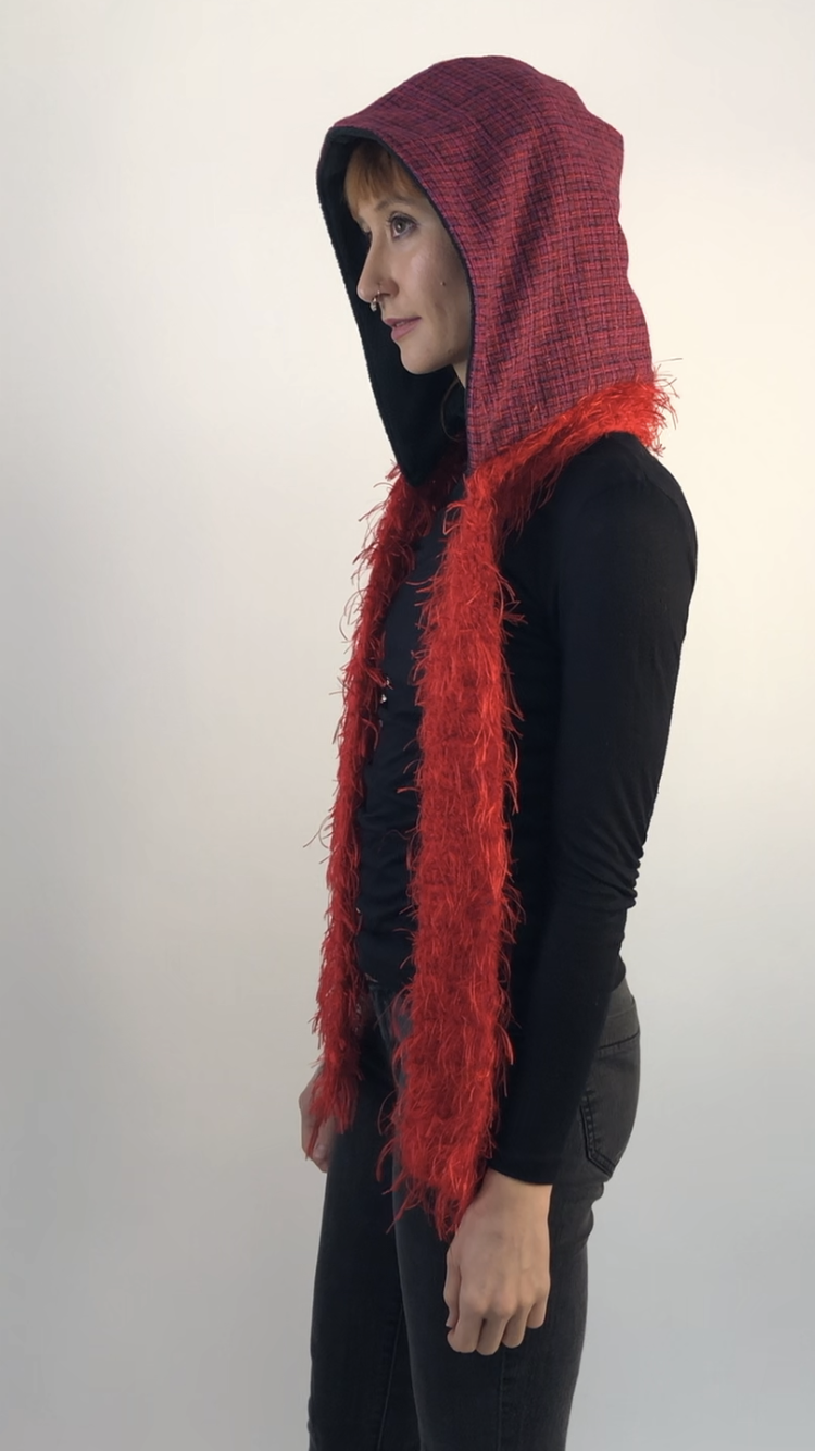 Red and Fuschia Hoodie Scarf With Black Fleece Lining and Red Textured Standard Scarf