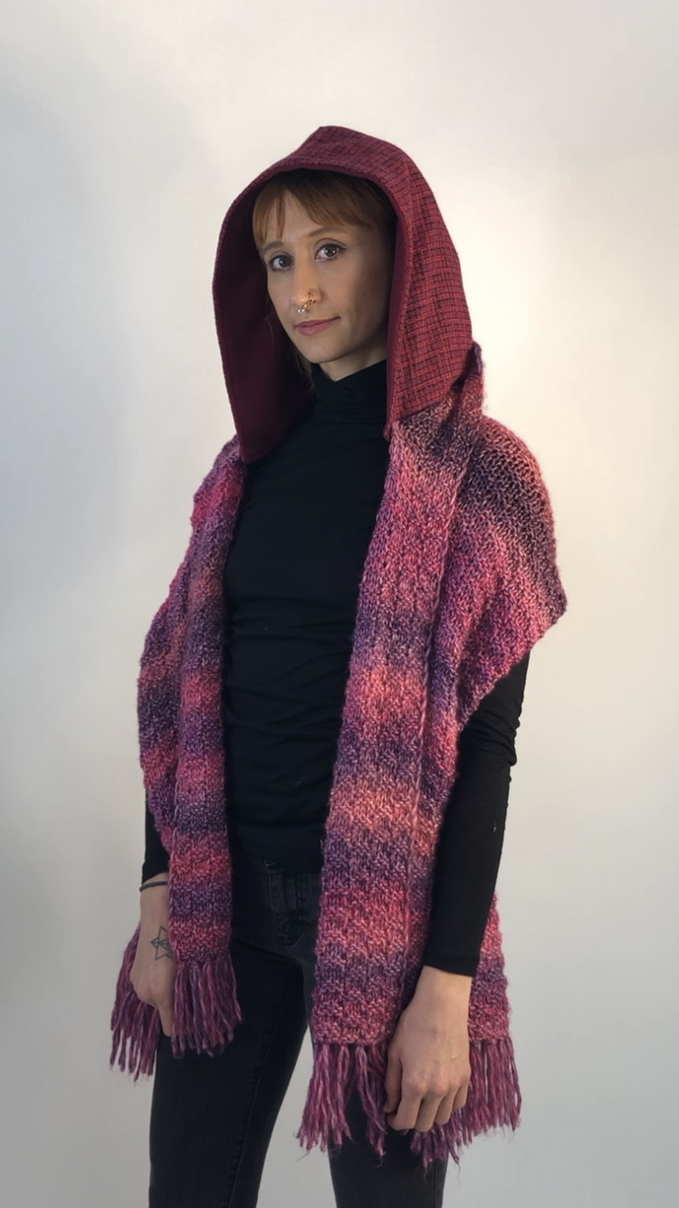 Red and Fuschia Hoodie Scarf With Maroon Lining and Warm Purple Hues  Knitted Standard Scarf