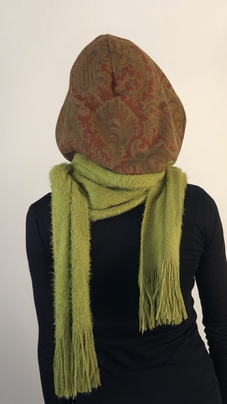 Paisley Earthy Tone Hoodie Scarf with GoldenRod Lining and Fuzzy Chartreuse Standard Scarf