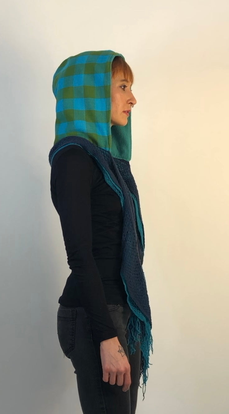 Vintage Green and Turquoise Woven Hood with Light Turquoise Fleece Liner and Open Knit two tone Scarf