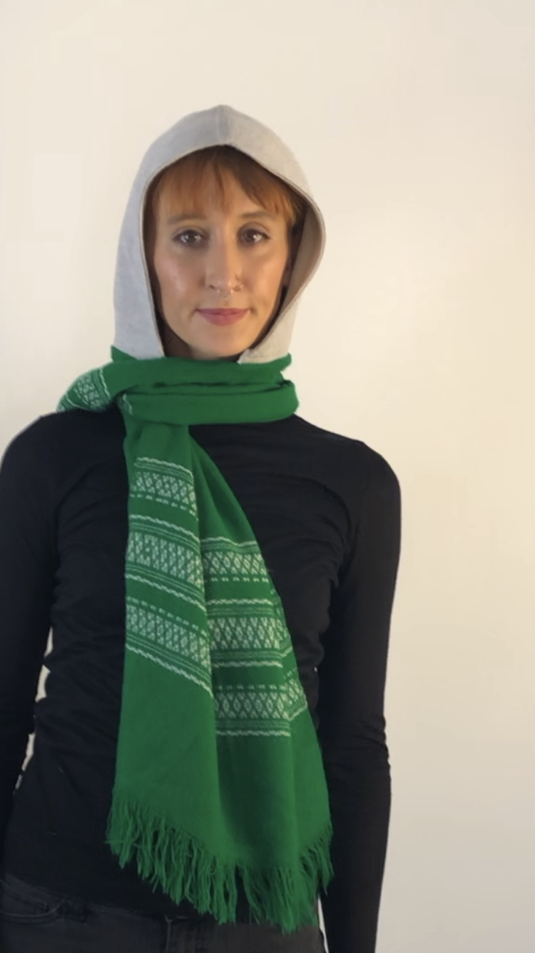 Creme Hoodie Scarf With White Lining and Green  Standard Scarf with Designs