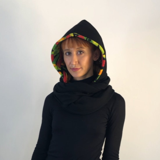 Black Wool Hood with Colorful Hot Pepper Fleece Liner and Black Casmere Circular Scarf