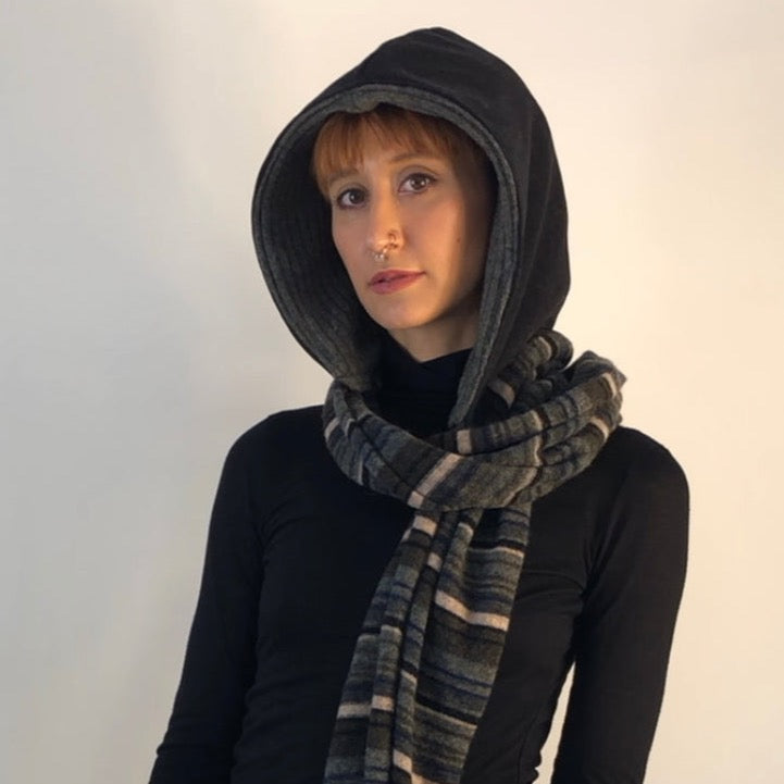 Up Cycled Charcoal Wool Hoodie Scarf with Charcoal Grey Wool Liner and Striped Lambswool Scarf
