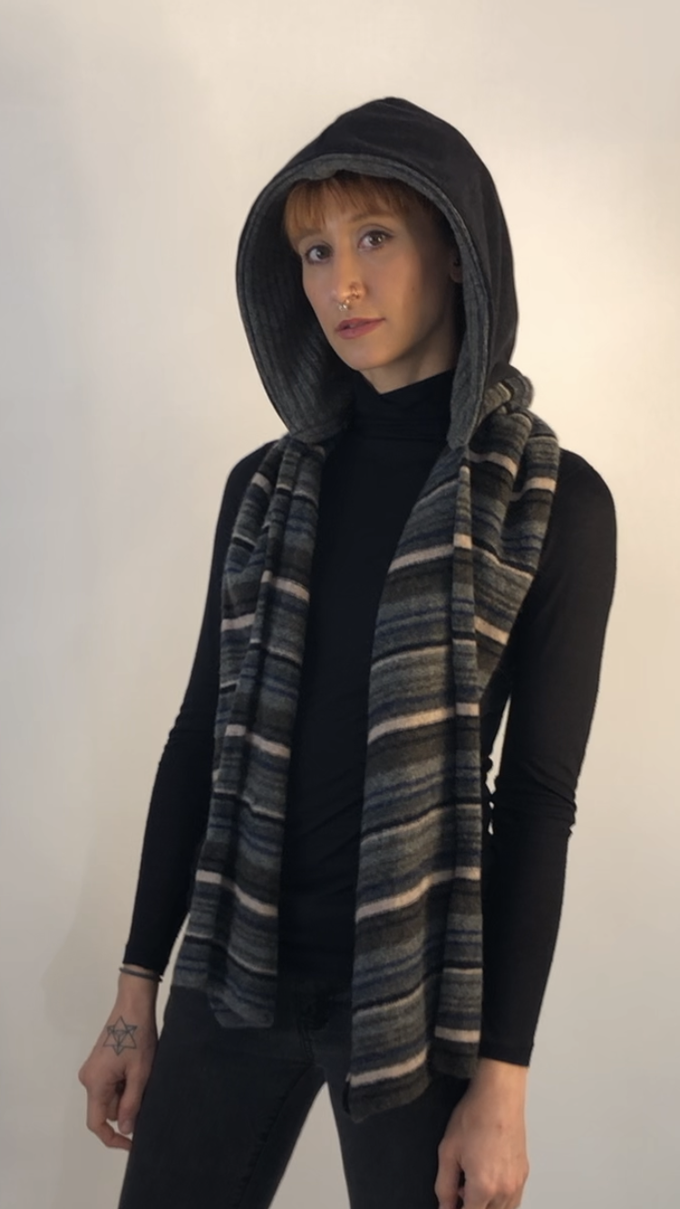 Up Cycled Charcoal Wool Hoodie Scarf with Charcoal Grey Wool Liner and Striped Lambswool Scarf