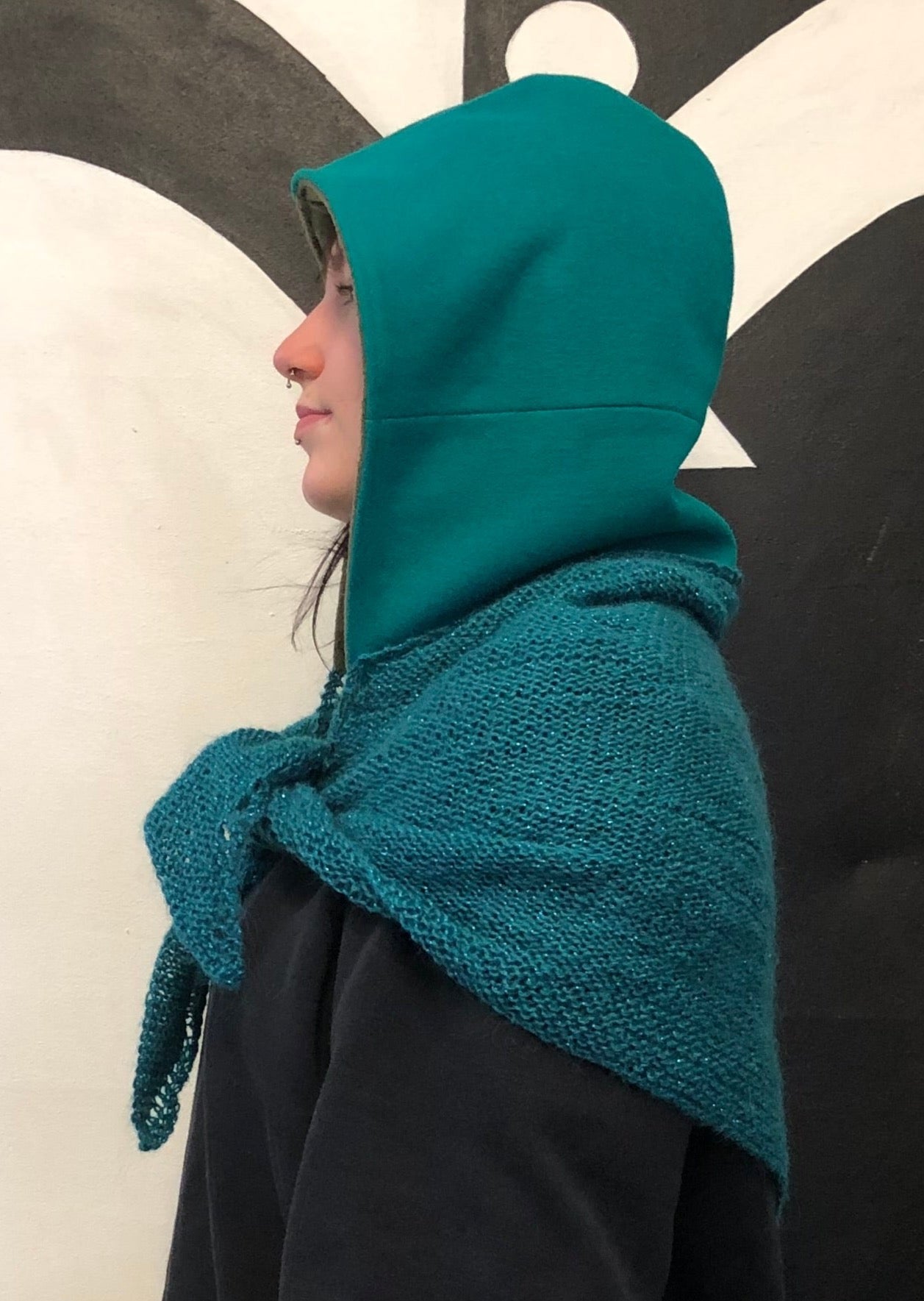 Deep Sea Green Wool Hood with Army greenFleece Liner and Turquoise Sparkle Scarf