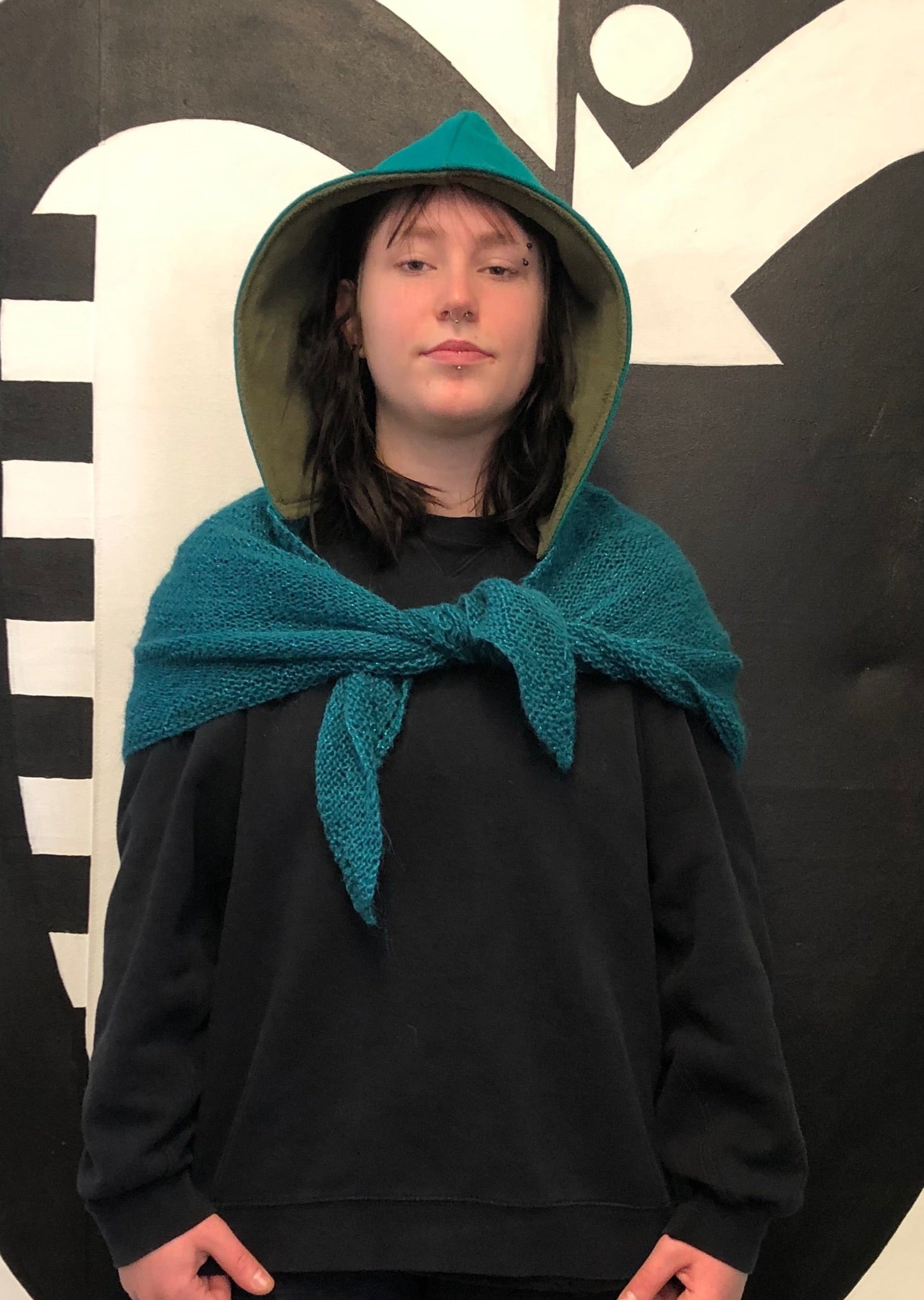 Deep Sea Green Wool Hood with Army greenFleece Liner and Turquoise Sparkle Scarf