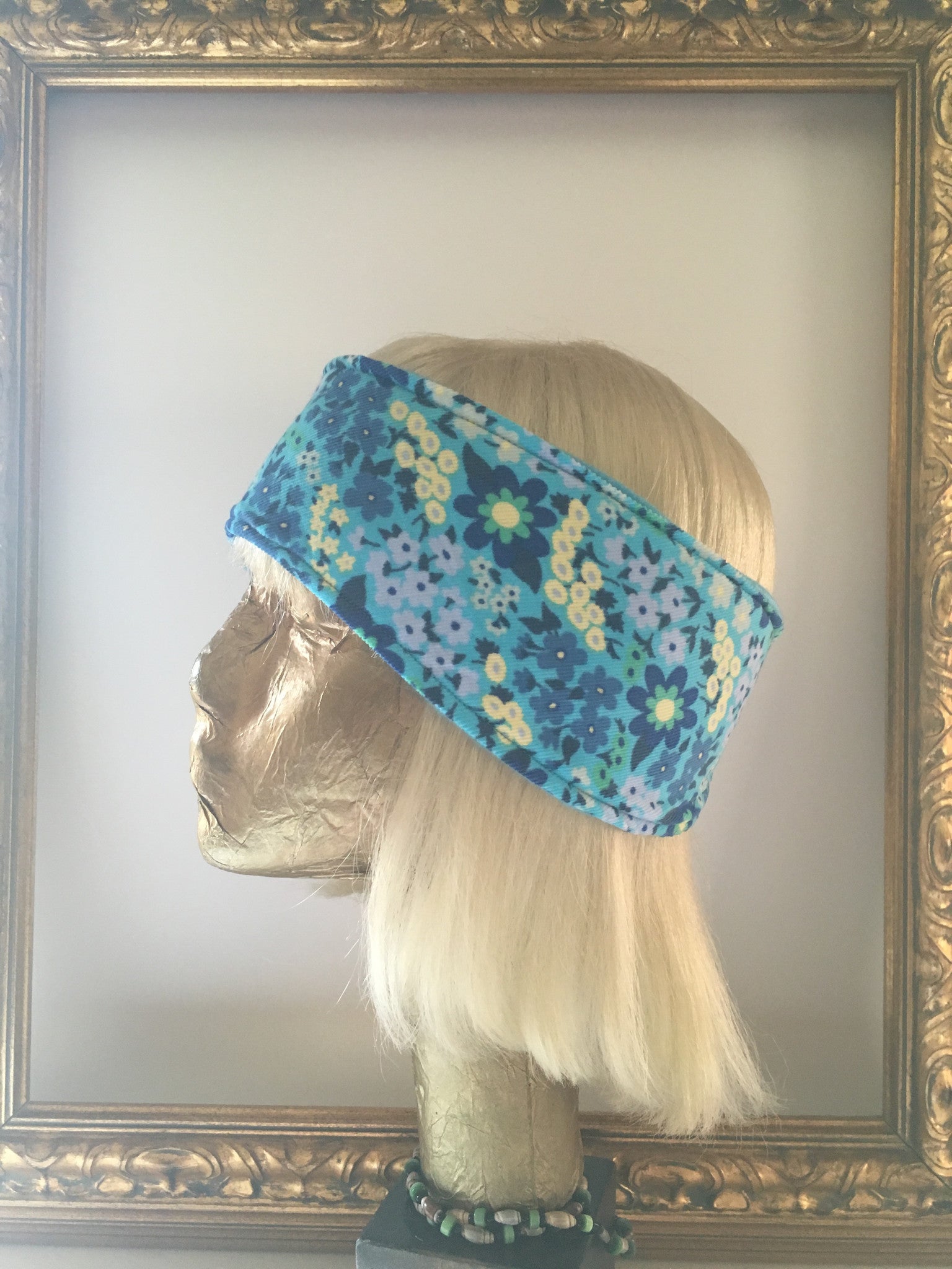 Blue Flower Power Corduroy and Fleece Headband
