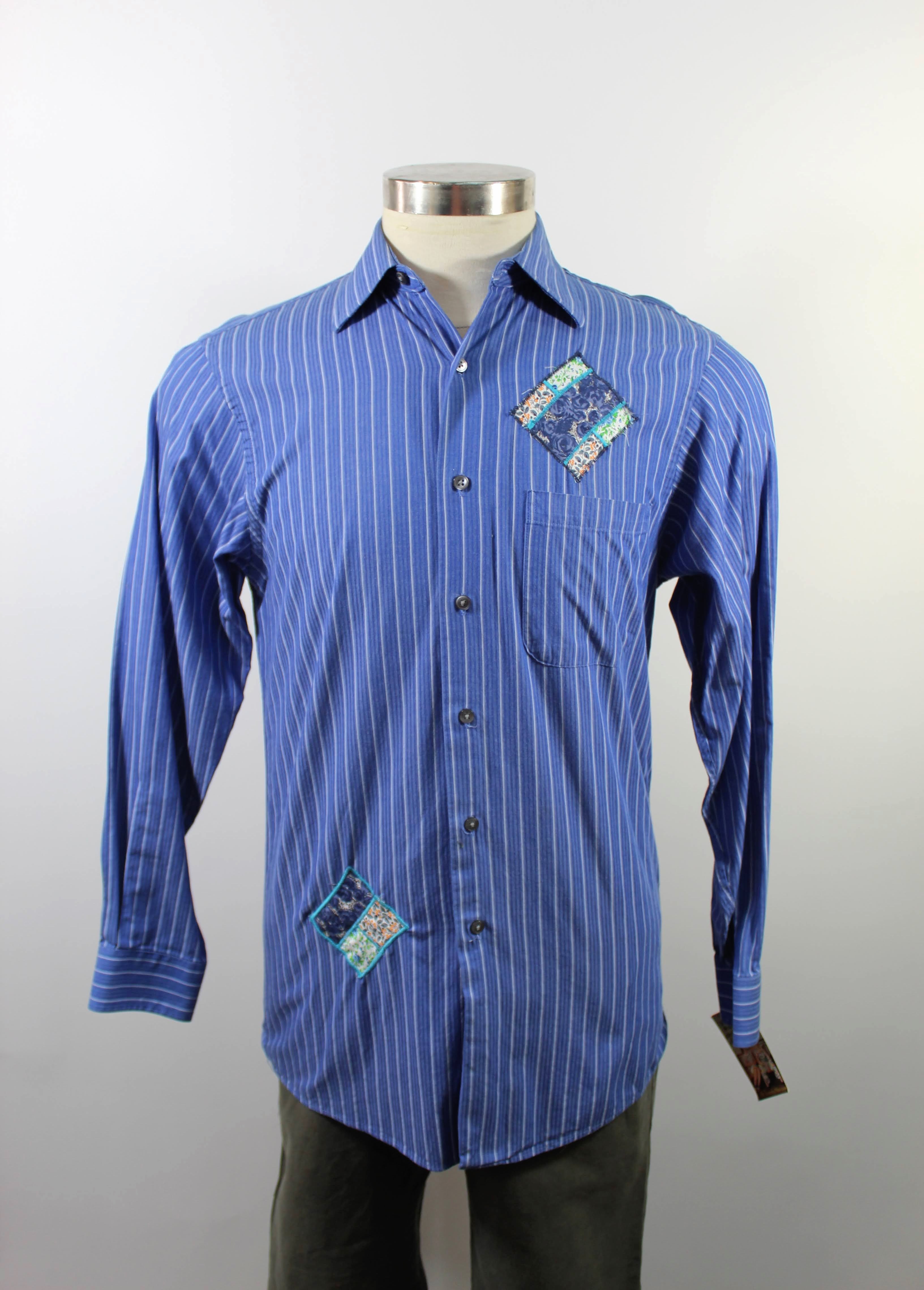 Blue Long Sleeve with White Stripes and Abstract Vintage Patches