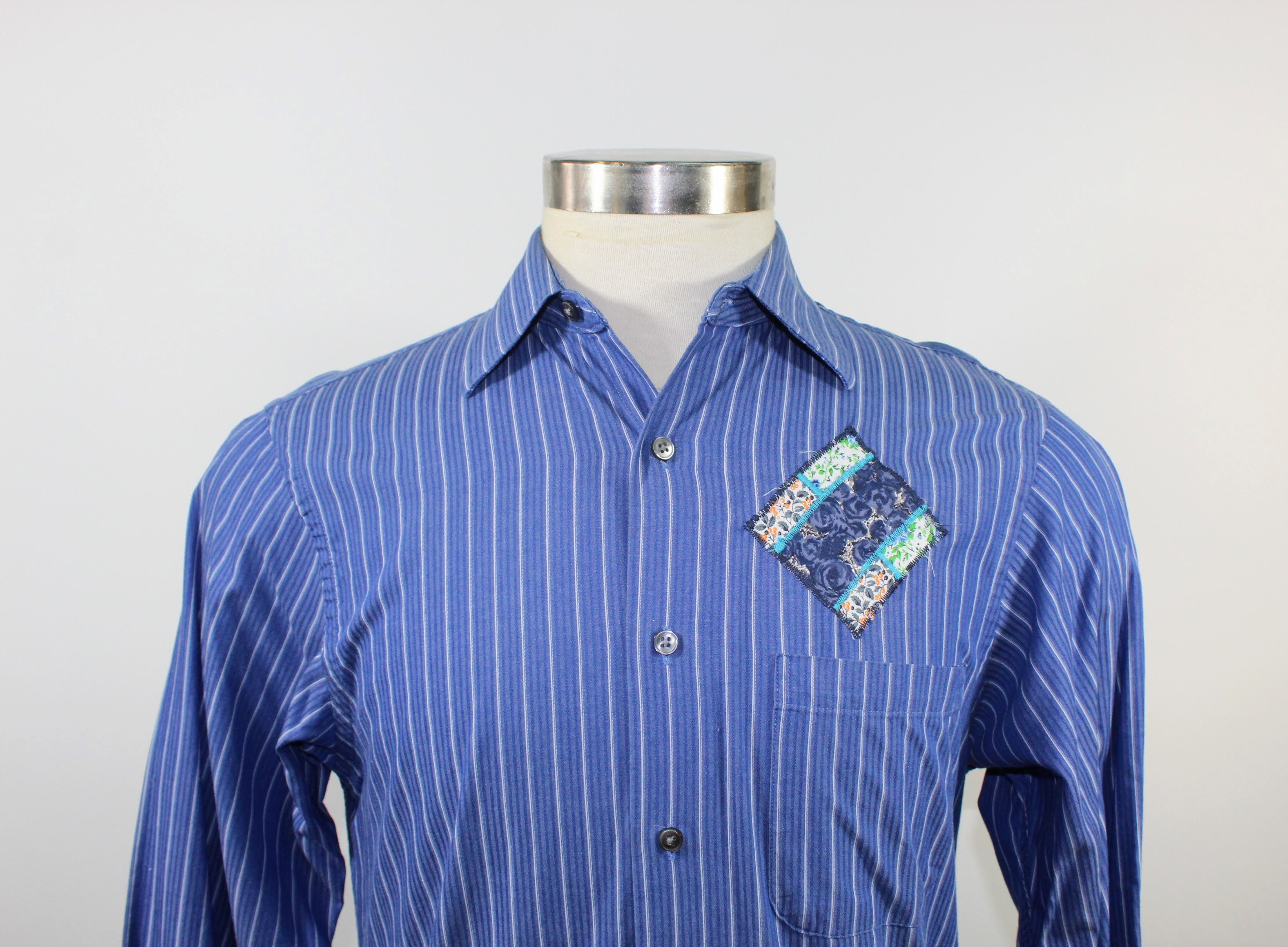 Blue Long Sleeve with White Stripes and Abstract Vintage Patches