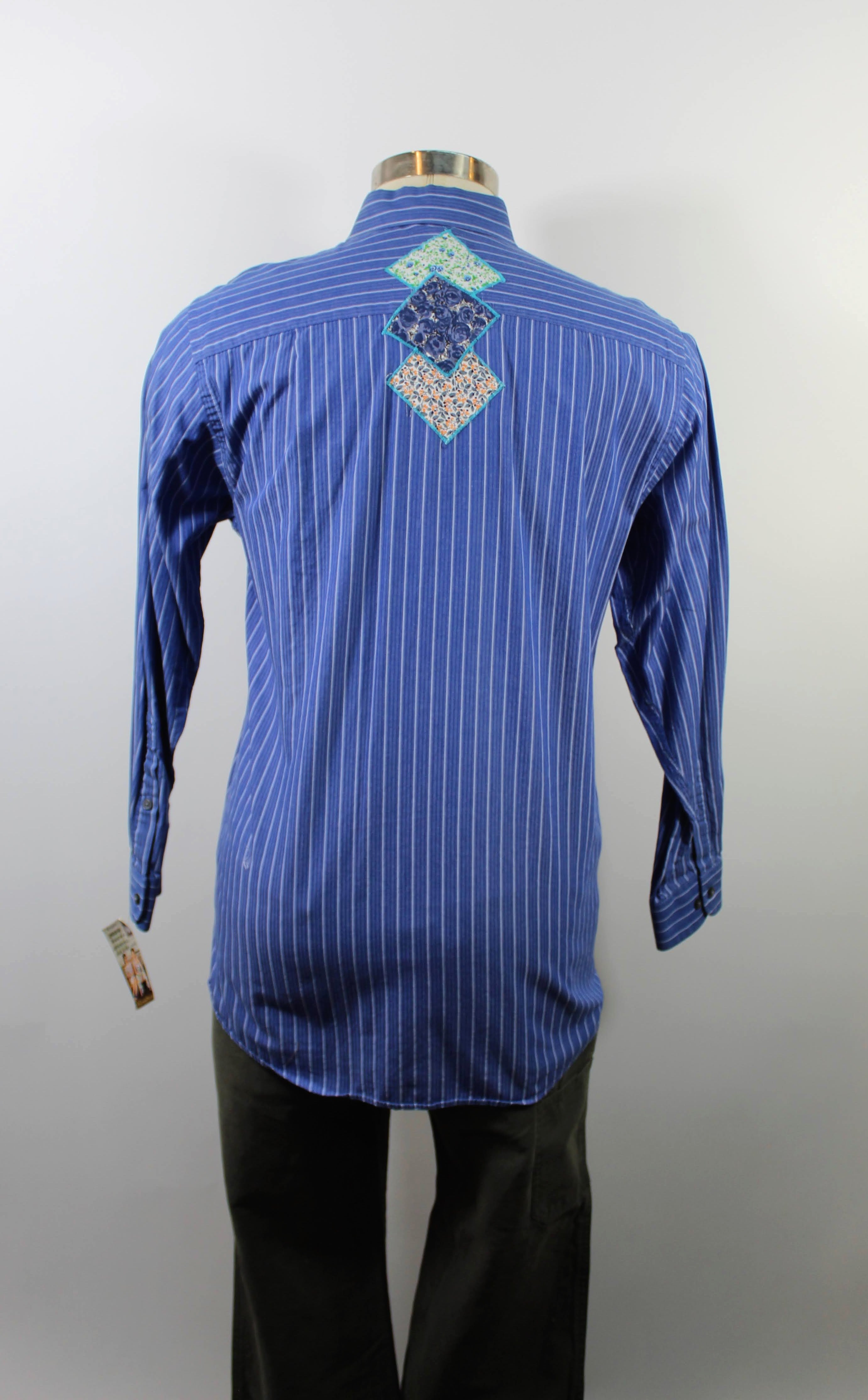 Blue Long Sleeve with White Stripes and Abstract Vintage Patches
