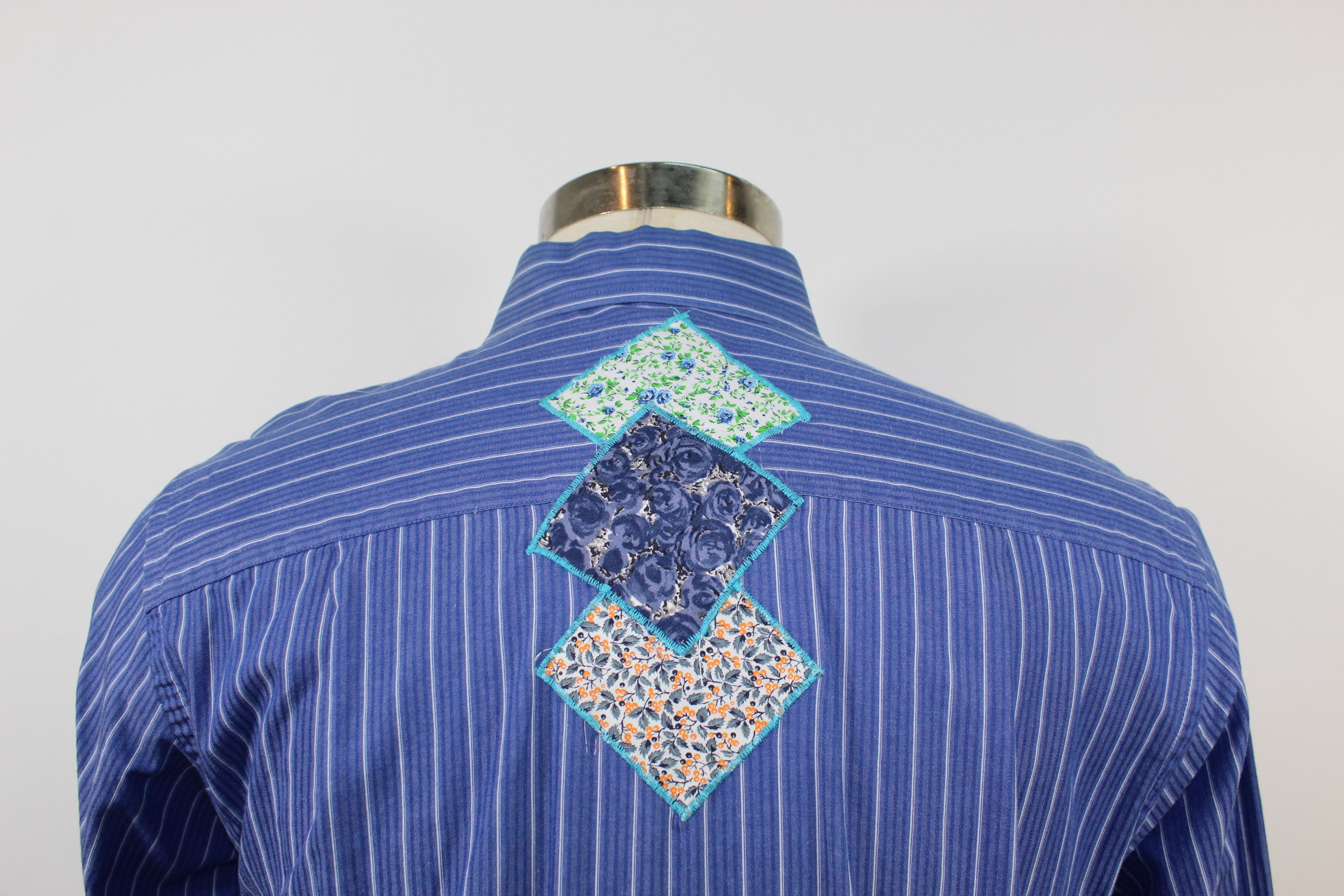 Blue Long Sleeve with White Stripes and Abstract Vintage Patches