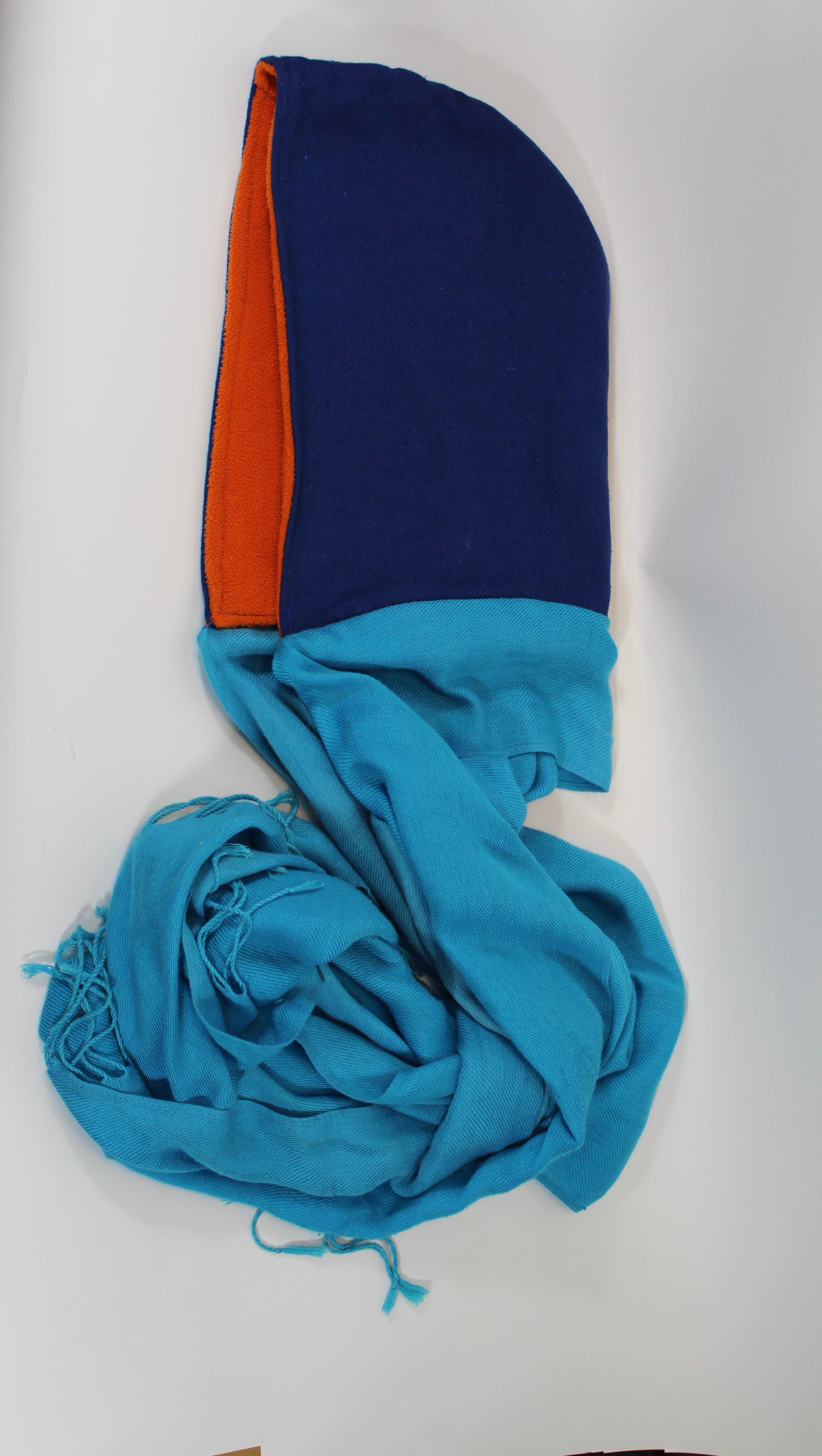 Royal Blue Hoodie Scarf With Orange Lining and Light Blue Pashmina Scarf