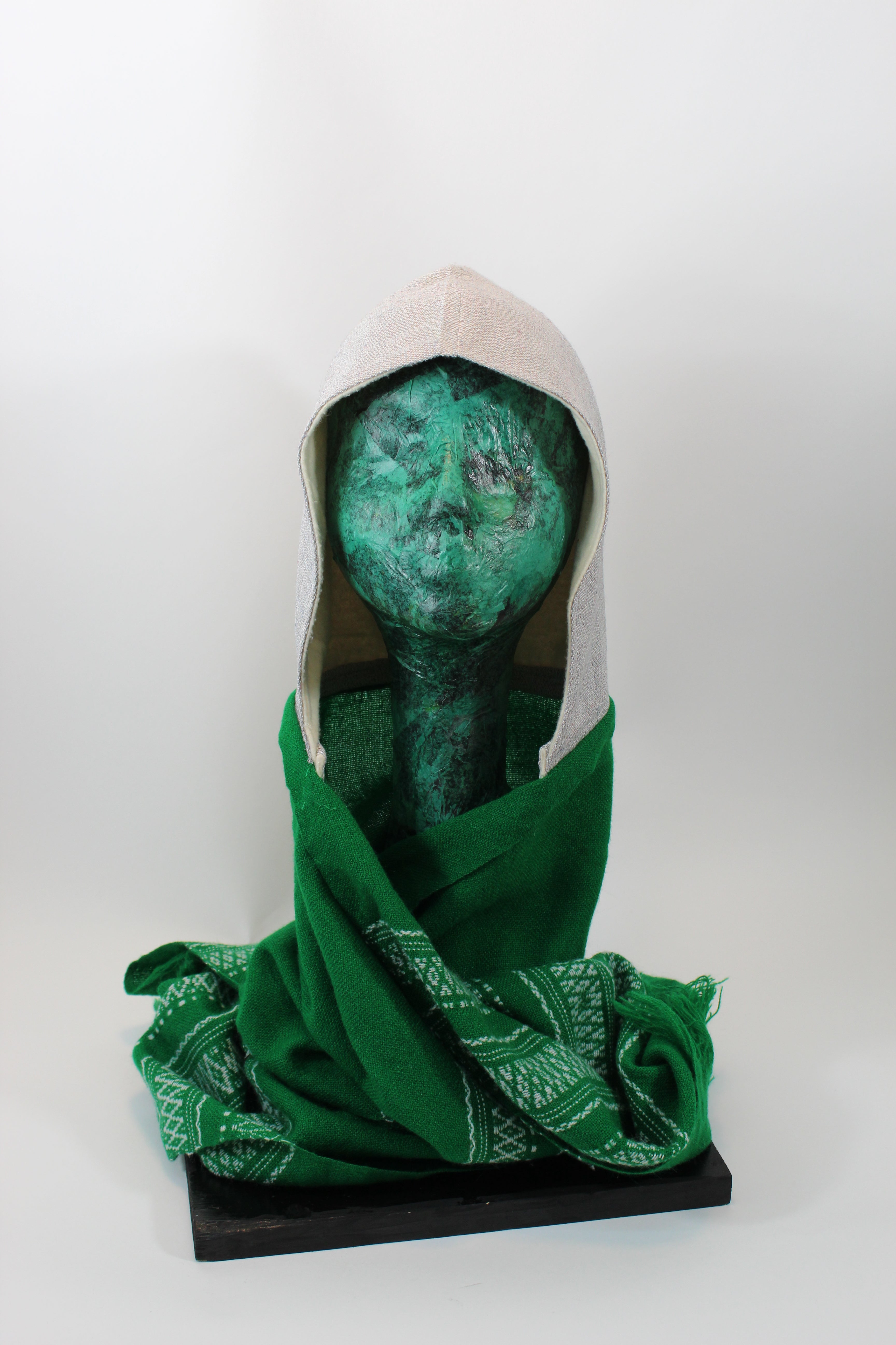 Creme Hoodie Scarf With White Lining and Green  Standard Scarf