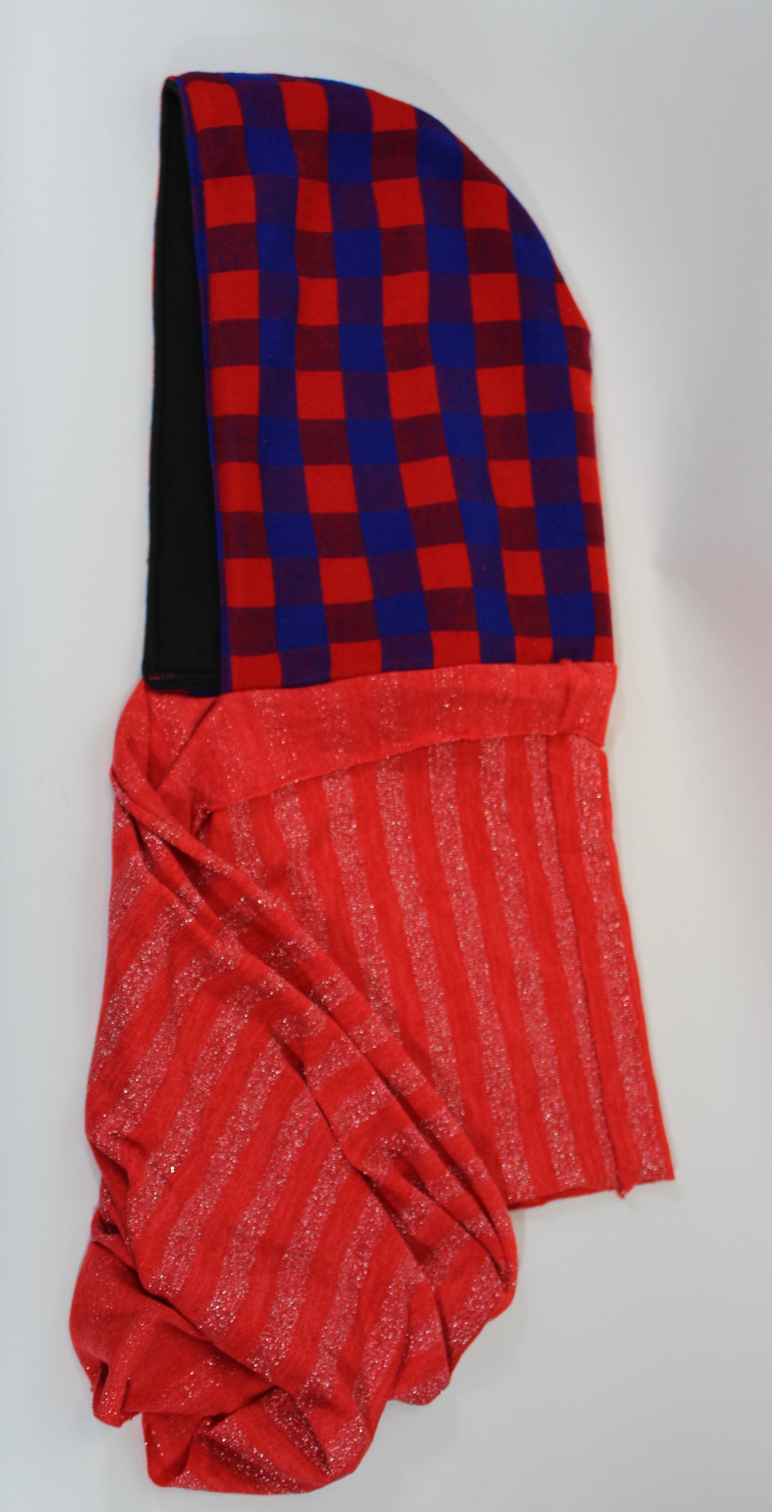 Blue and Red Checkered Hoodie Scarf with Black Lining and  Sparkley Striped Infinity Scarf