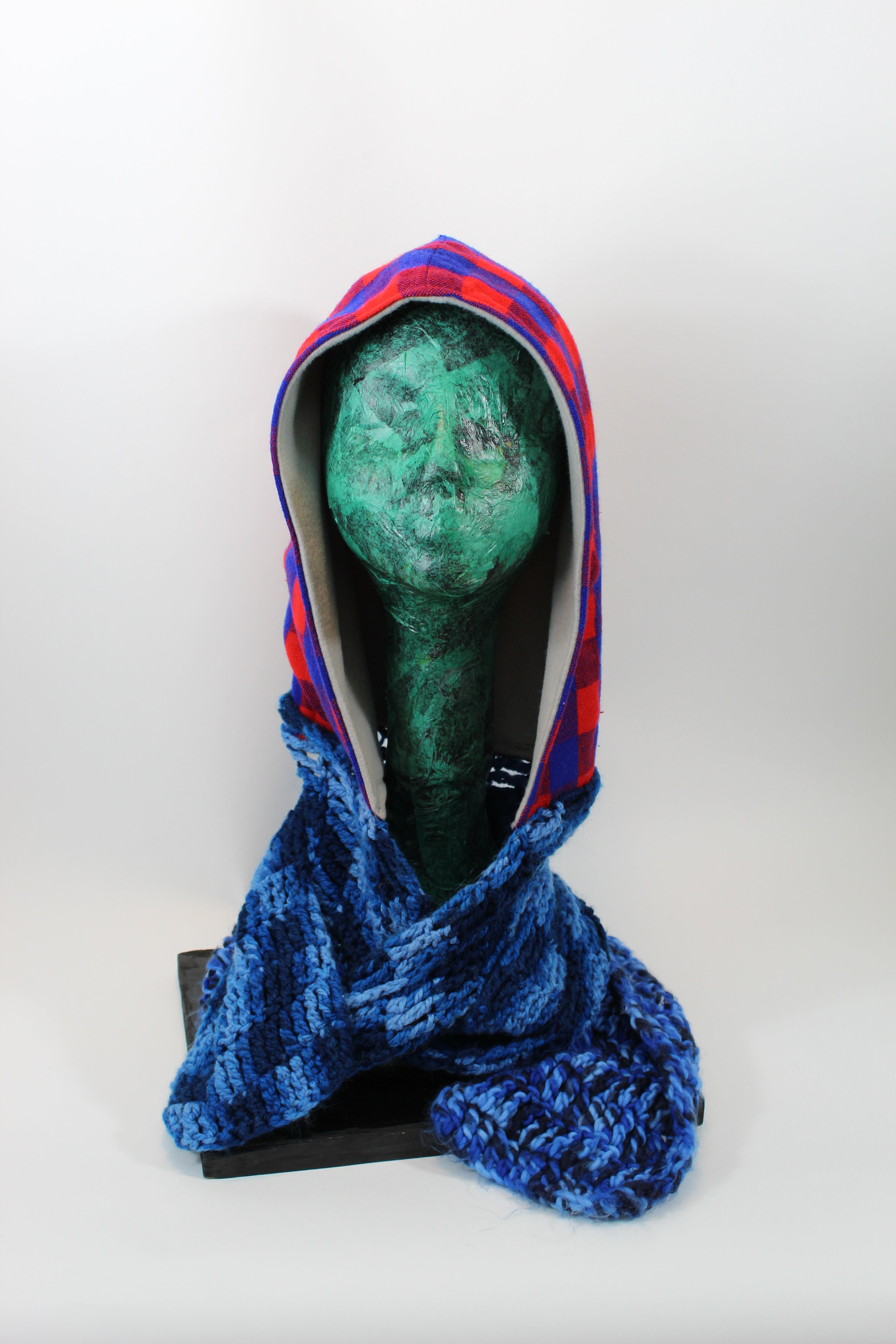 Blue and Red Plaid Hoodie Scarf with Grey Lining and Blue Knitted  Scarf