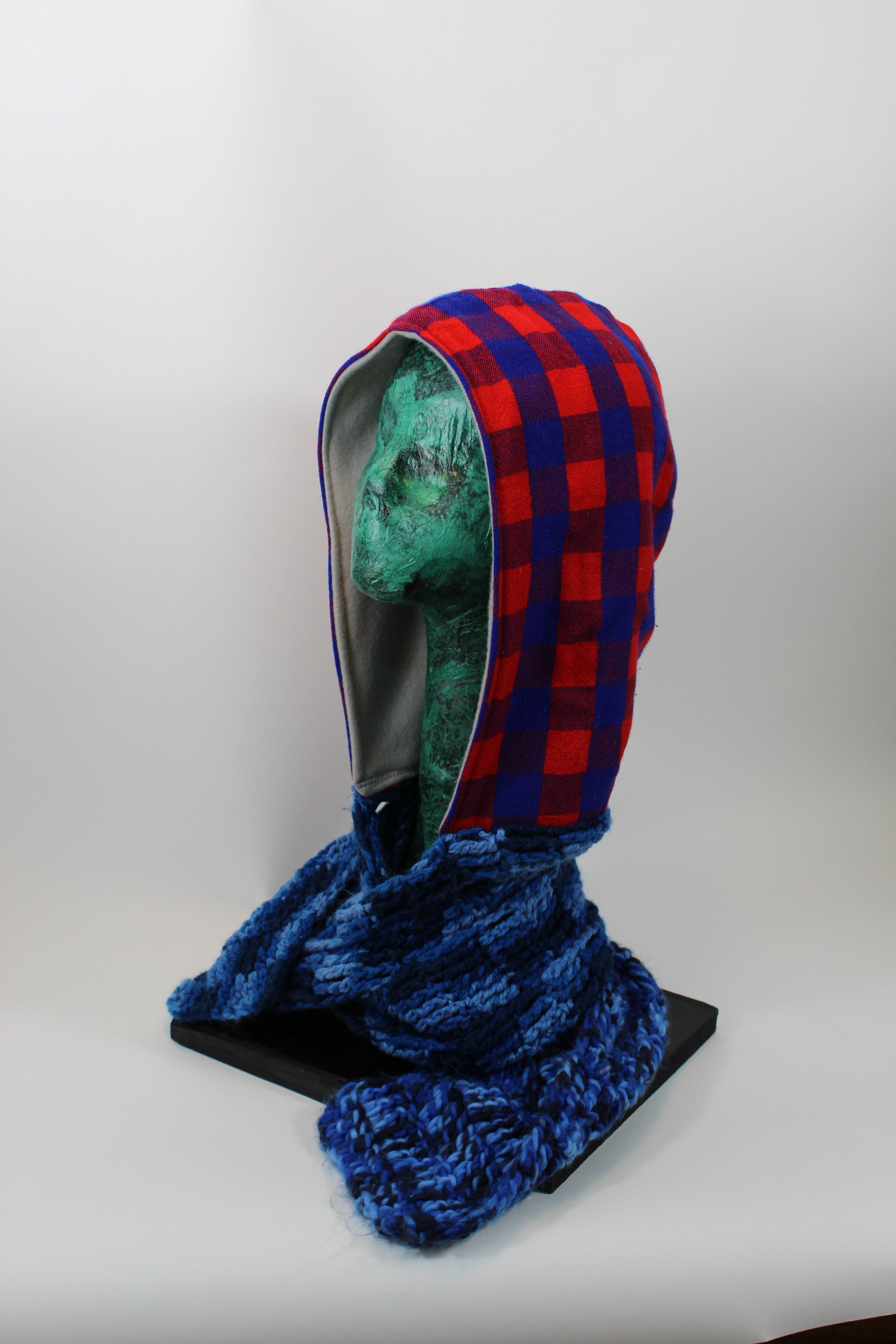 Blue and Red Plaid Hoodie Scarf with Grey Lining and Blue Knitted  Scarf