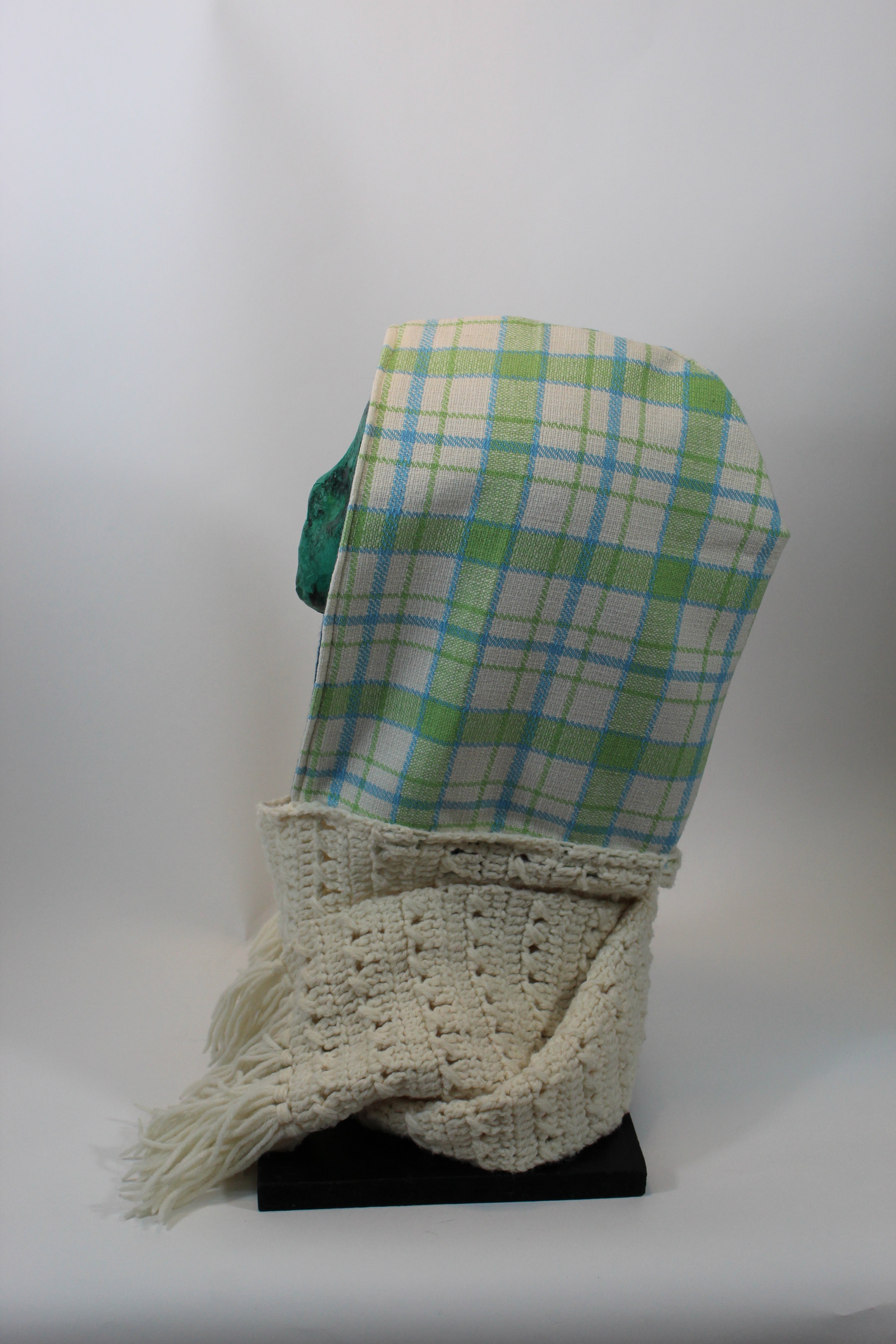 Green and White Plaid Hoodie Scarf with Blue Lining and White Knitted Standard Scarf