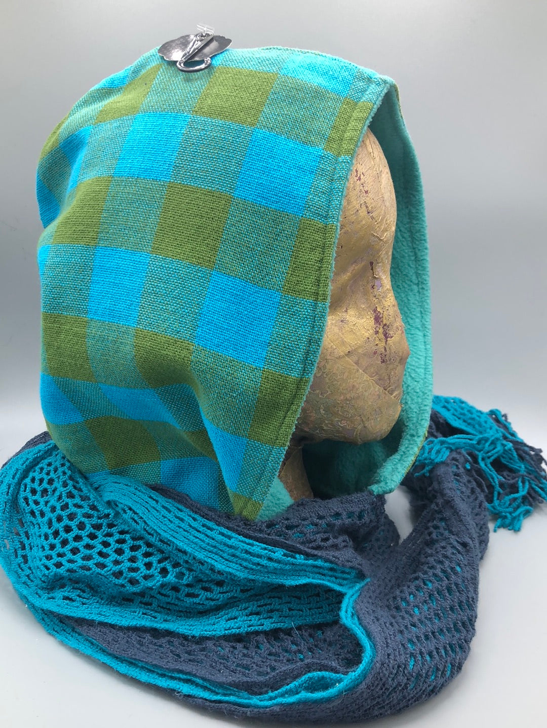 Vintage Greenand Turquoise Woven Hood with light Turquoise Fleece Liner and open knit two tone Scarf