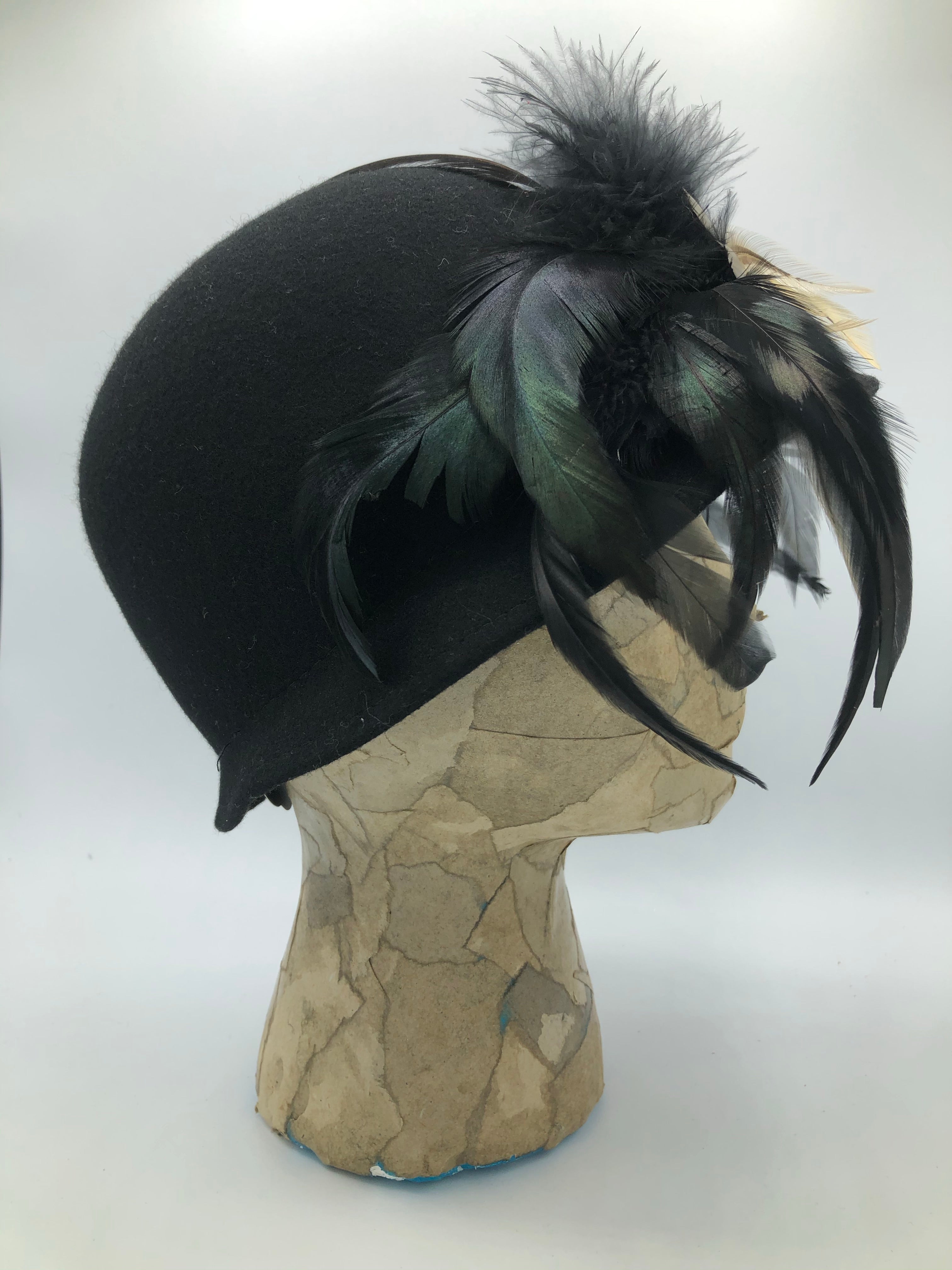 Black Wool  Hat with Rooster Feathers and Vintage  Leaf Beads