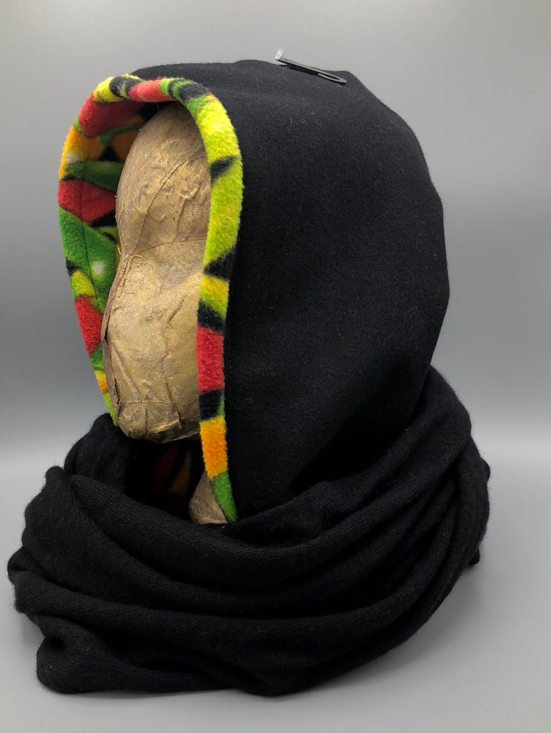 Black Wool Hood with Colorful Hot Pepper Fleece Liner and Black Casmere Circular scarf
