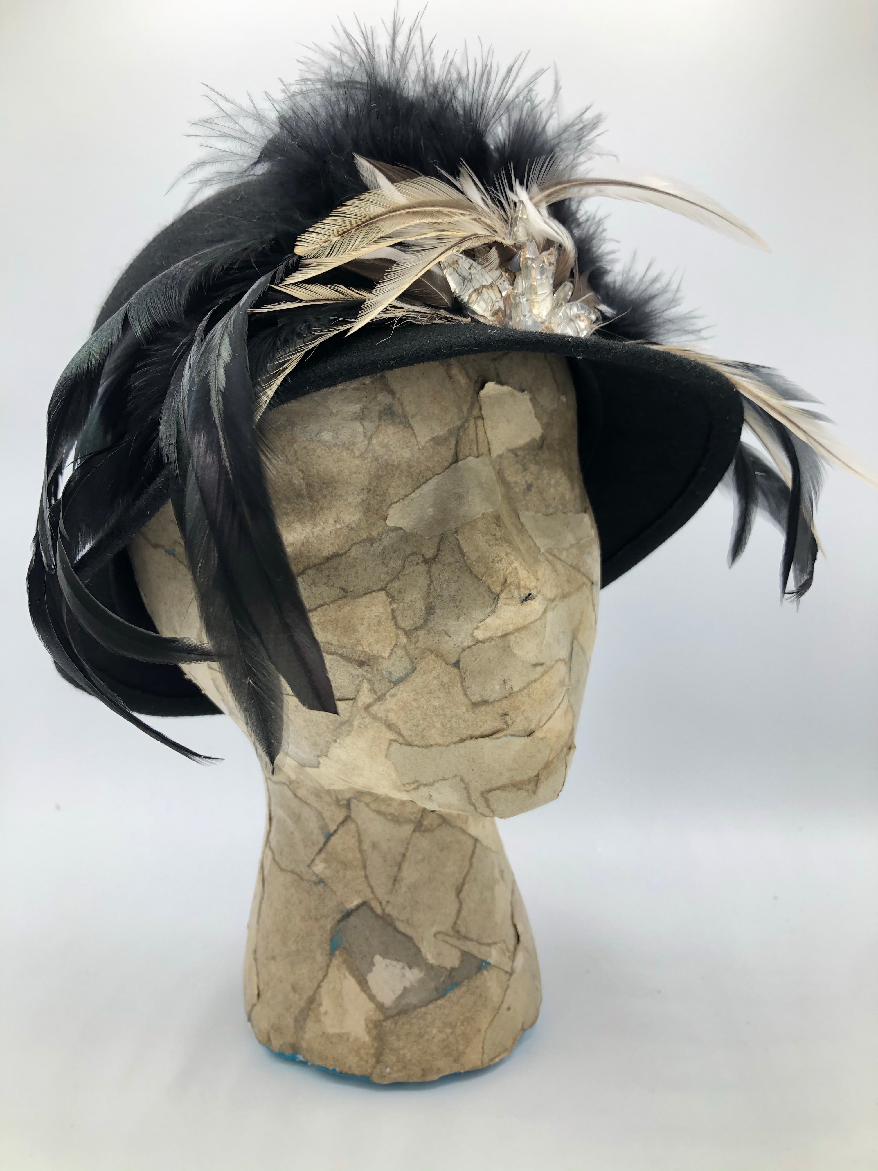 Black Wool  Hat with Rooster Feathers and Vintage  Leaf Beads