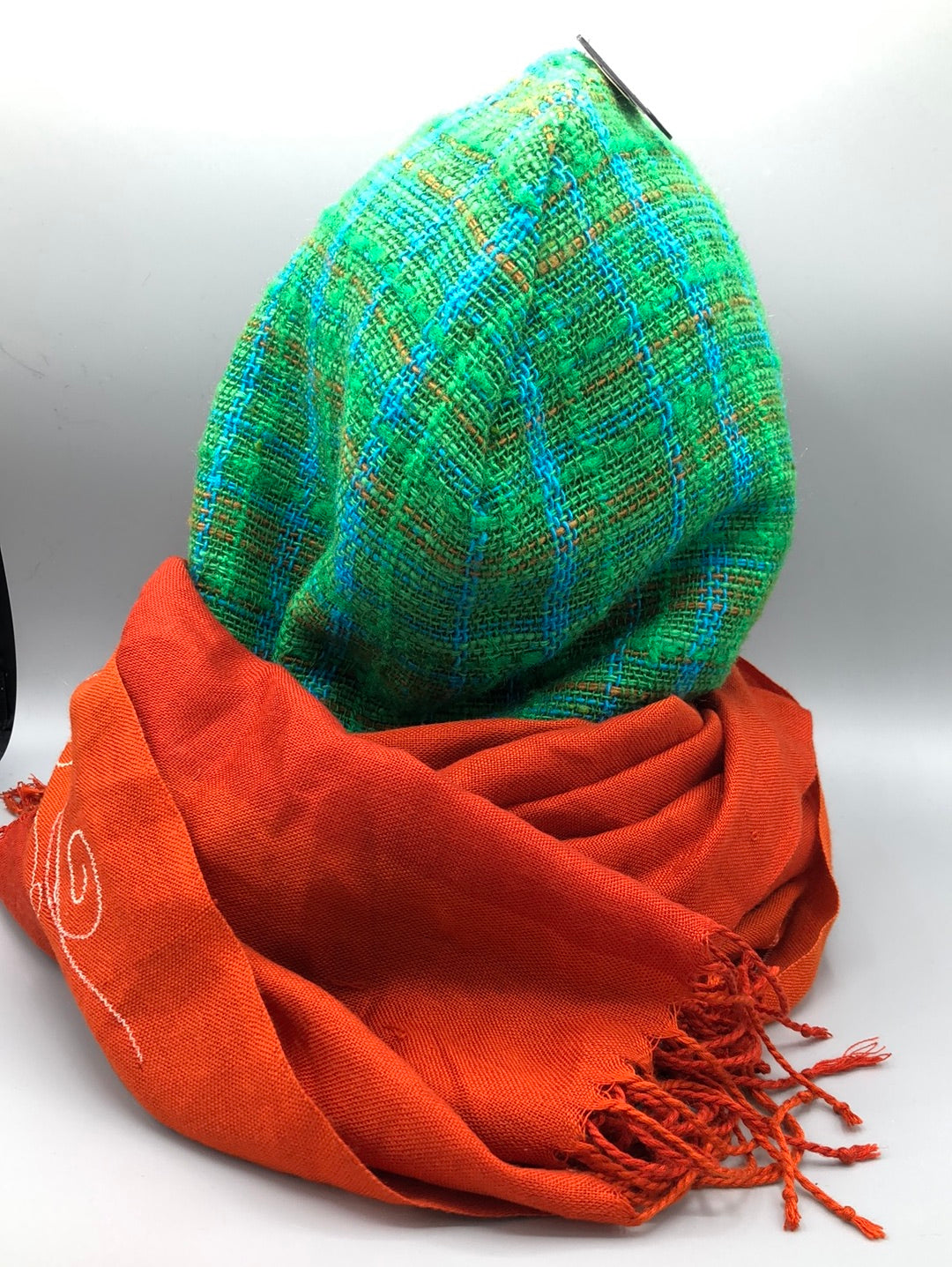 Green  Woven Hood with Sage Green Fleece Liner and deep orange embroidered Scarf