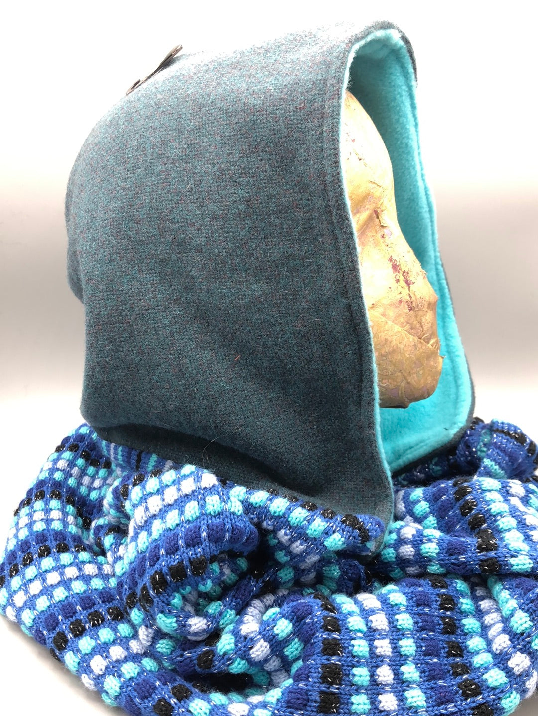 Deep Turquoise Wool Woven Hood with light Turquoise Fleece Liner and textured Blue cable Infinity Scarf